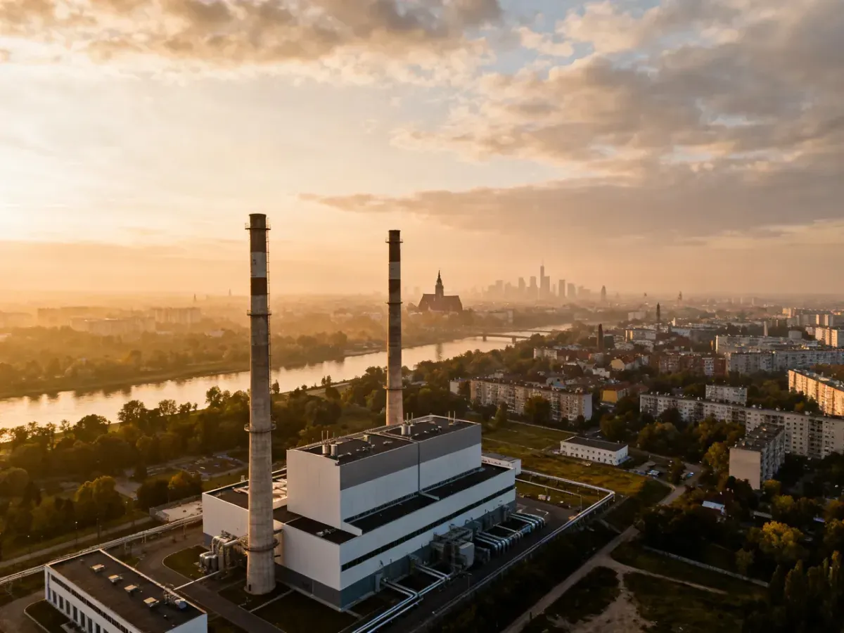 Elektrociepłownia Kraków na tle panoramy miasta i Wisły, ukazująca jej skalę oraz znaczenie w miejskim systemie energetycznym