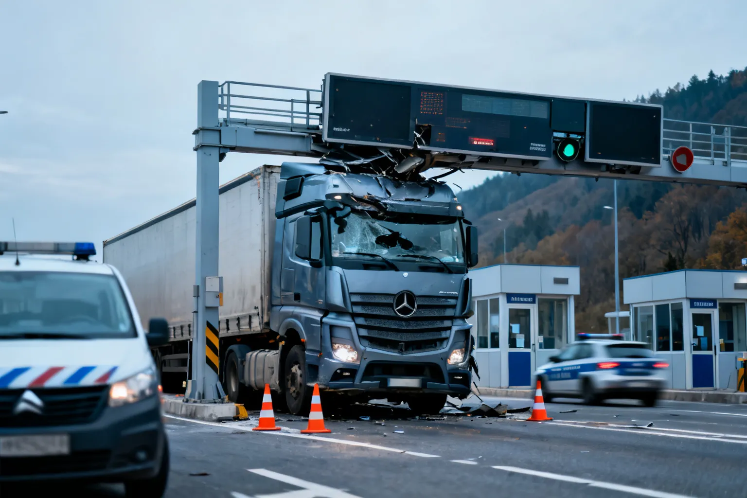 Ciężarówka uderzyła w bramownicę e‑TOLL w Chyżnem i zablokowała przejście graniczne