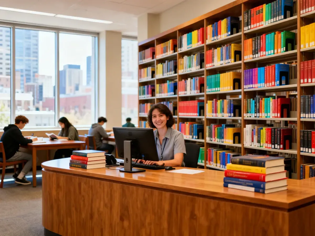 Nowoczesne wnętrze biblioteki akademickiej w Krakowie z ladą informacji, bibliotekarką i studentami czytającymi w tle