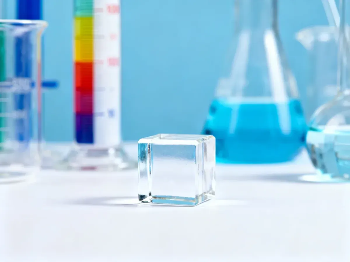 Mała, przezroczysta kostka o objętości 1 cm³ na białym tle, symbolizująca jednostkę miary w kontekście laboratoryjnym.