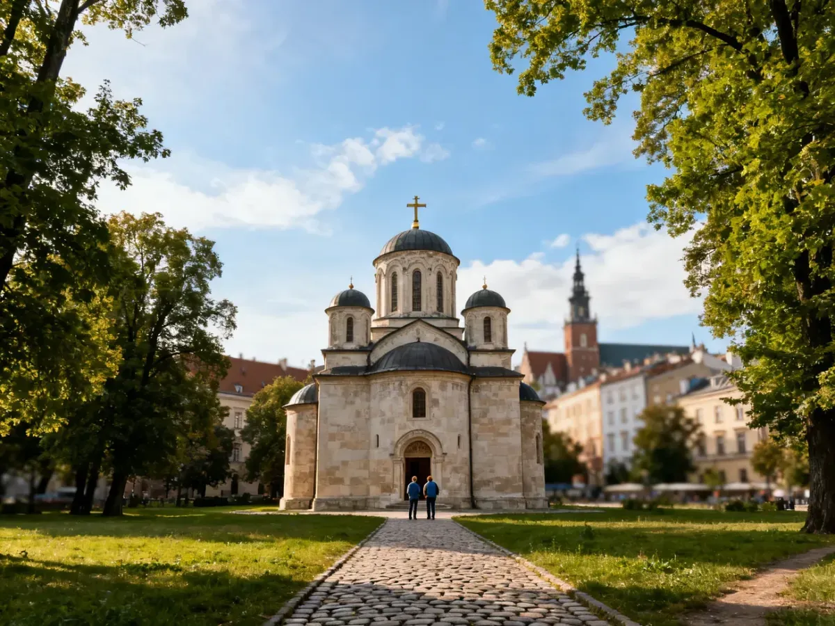 Cerkiew Podwyższenia Krzyża Świętego w Krakowie wśród zieleni, turyści na brukowanej ścieżce podziwiają świątynię