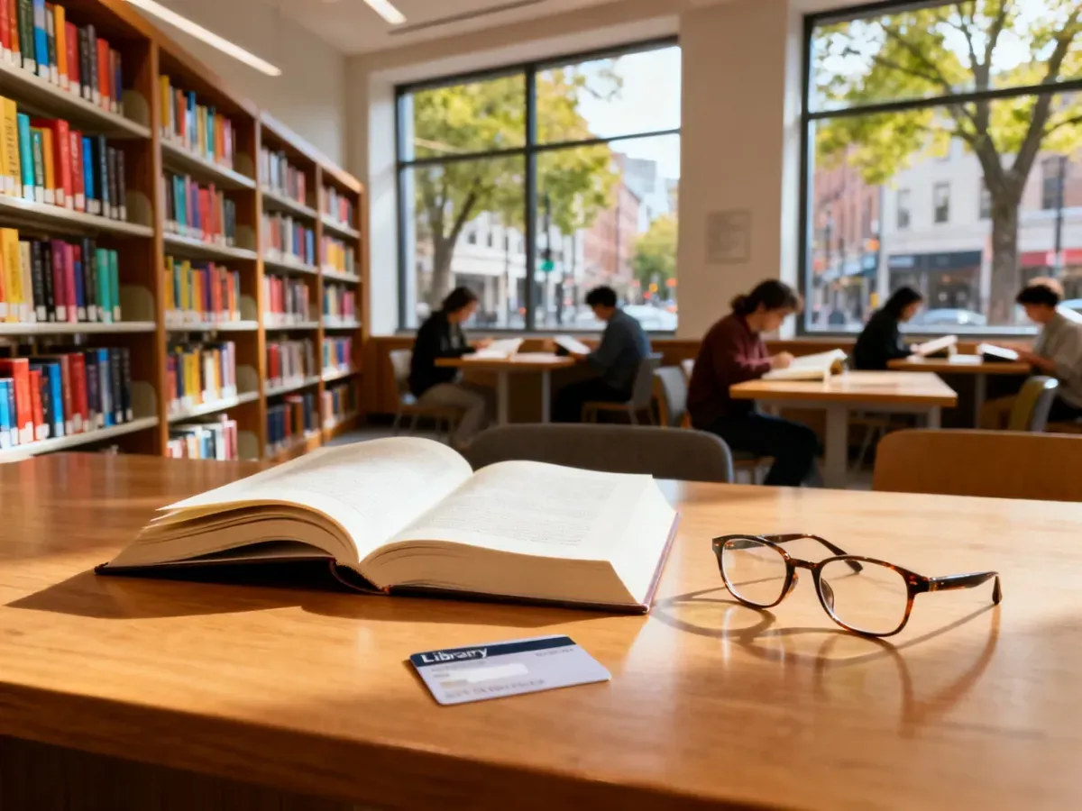 Przytulne, nowoczesne wnętrze biblioteki z regałami pełnymi książek i czytelnikami korzystającymi z oferty w spokojnej atmosferze.