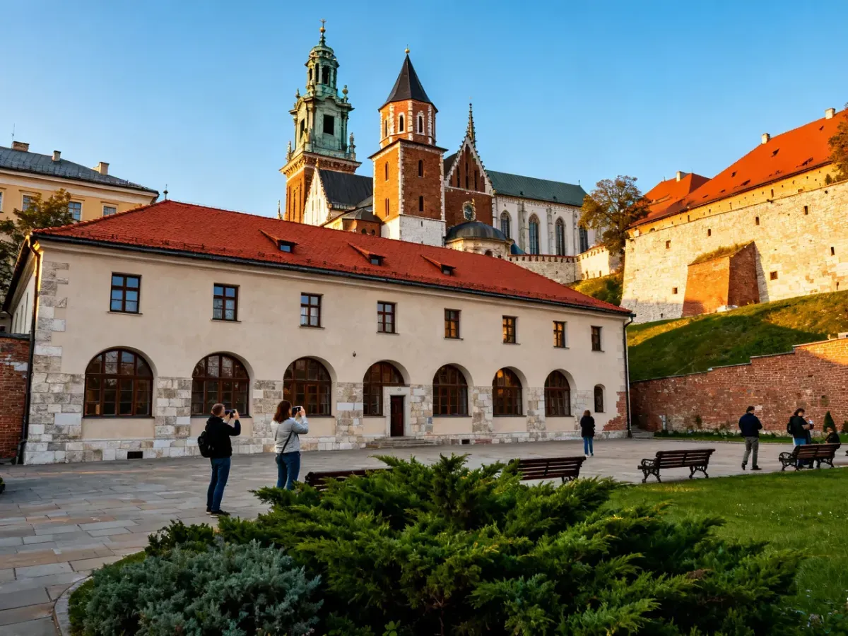 Dziedziniec na Wawelu z dawnym budynkiem szpitalnym na pierwszym planie i wieżami katedry w tle w słoneczne popołudnie.