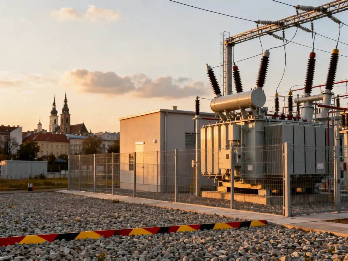 Podstacja elektryczna Biskupia w Krakowie o zachodzie słońca, z transformatorami, liniami wysokiego napięcia i panoramą miasta w tle.