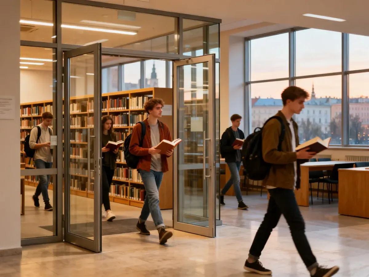 Wejście do nowoczesnej Biblioteki Głównej UEK w Krakowie, studenci wchodzą i wychodzą, w tle regały z książkami.