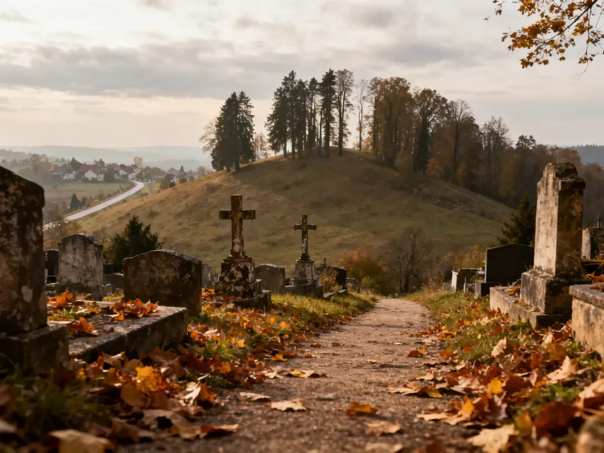 Jesienny widok cmentarza Górka Kościelnicka z alejką między starymi nagrobkami, na tle drzew i odległej wioski.