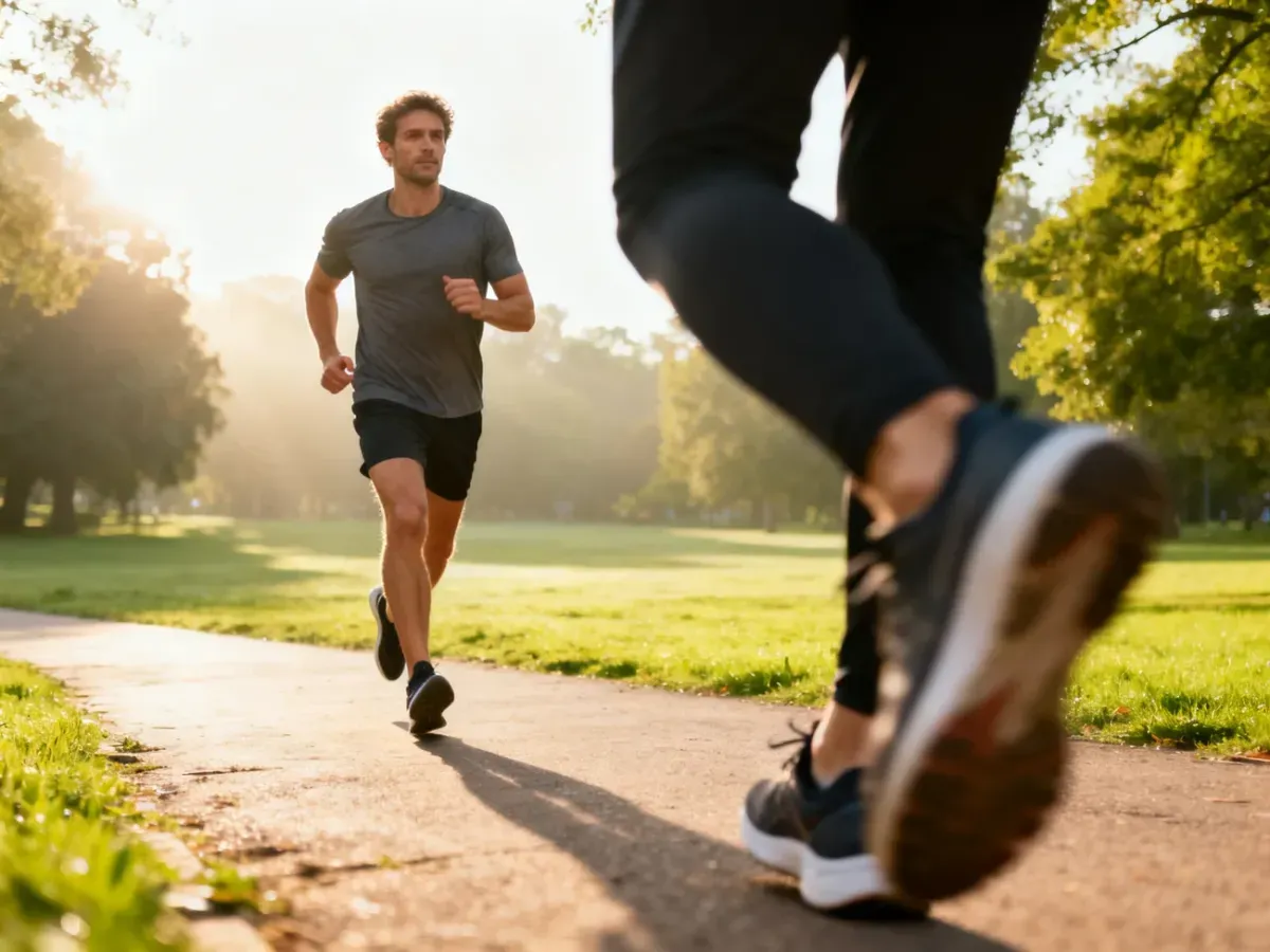 Mężczyzna w stroju sportowym maszerujący energicznie po parkowej ścieżce, co ilustruje aktywność fizyczną i pokonywanie dystansu.