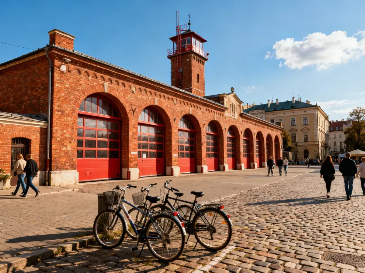 Zabytkowa strażnica pożarnicza w Krakowie przy brukowanej ulicy, z wieżą, rowerami i spacerującymi przechodniami.