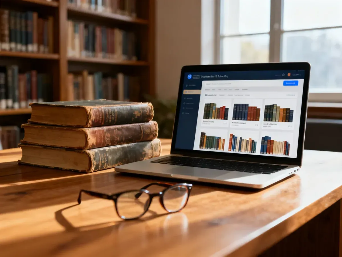 Laptop z interfejsem biblioteki cyfrowej obok stosu tradycyjnych książek i okularów na drewnianym biurku.