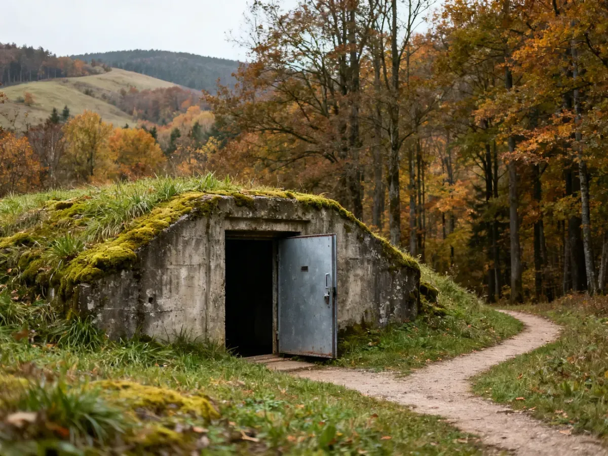 Wejście do schronu amunicyjnego „Swoszowice” wśród jesiennego lasu, częściowo porośniętego mchem, w spokojnej atmosferze.