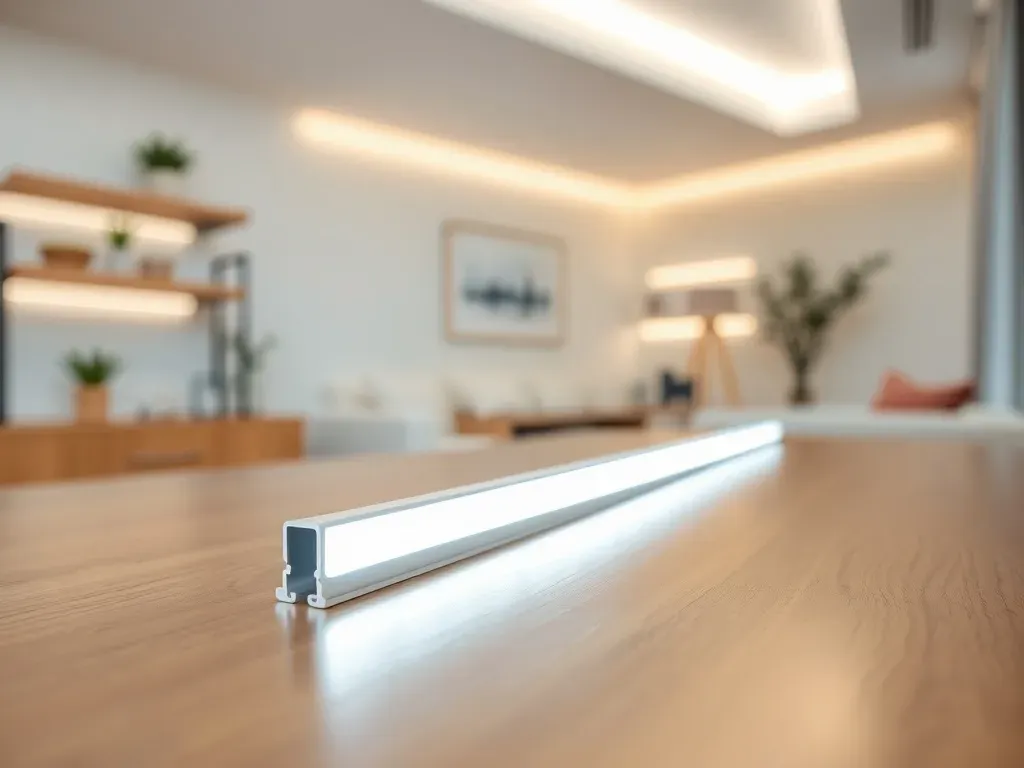 Elegancki aluminiowy profil LED na biurku, świecący neutralnym światłem; w tle nowoczesny salon z dyskretnym oświetleniem LED