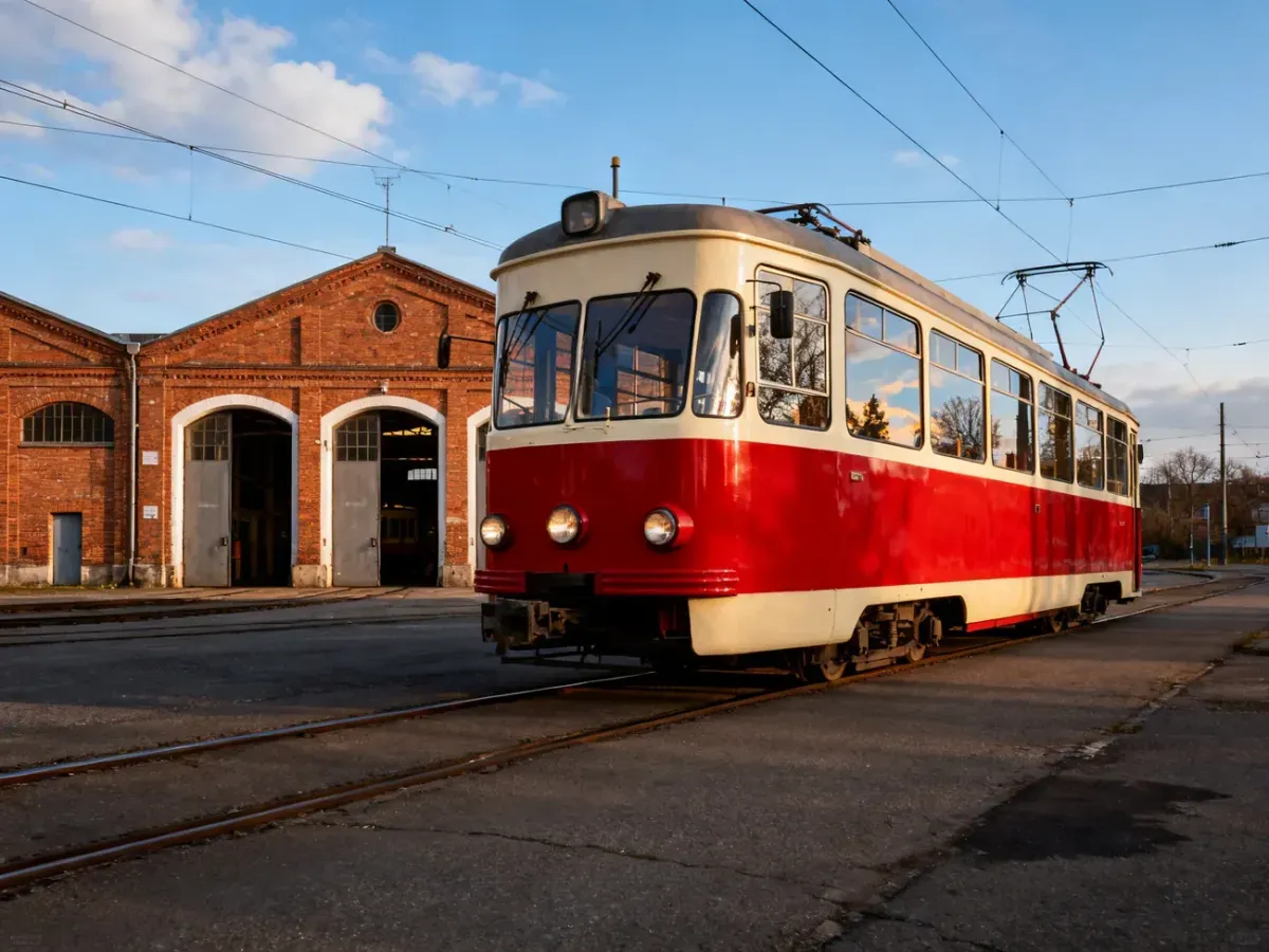 Klasyczny czerwono-kremowy tramwaj przed zabytkową zajezdnią w Podgórzu w słoneczne popołudnie, puste tory i spokojna scena