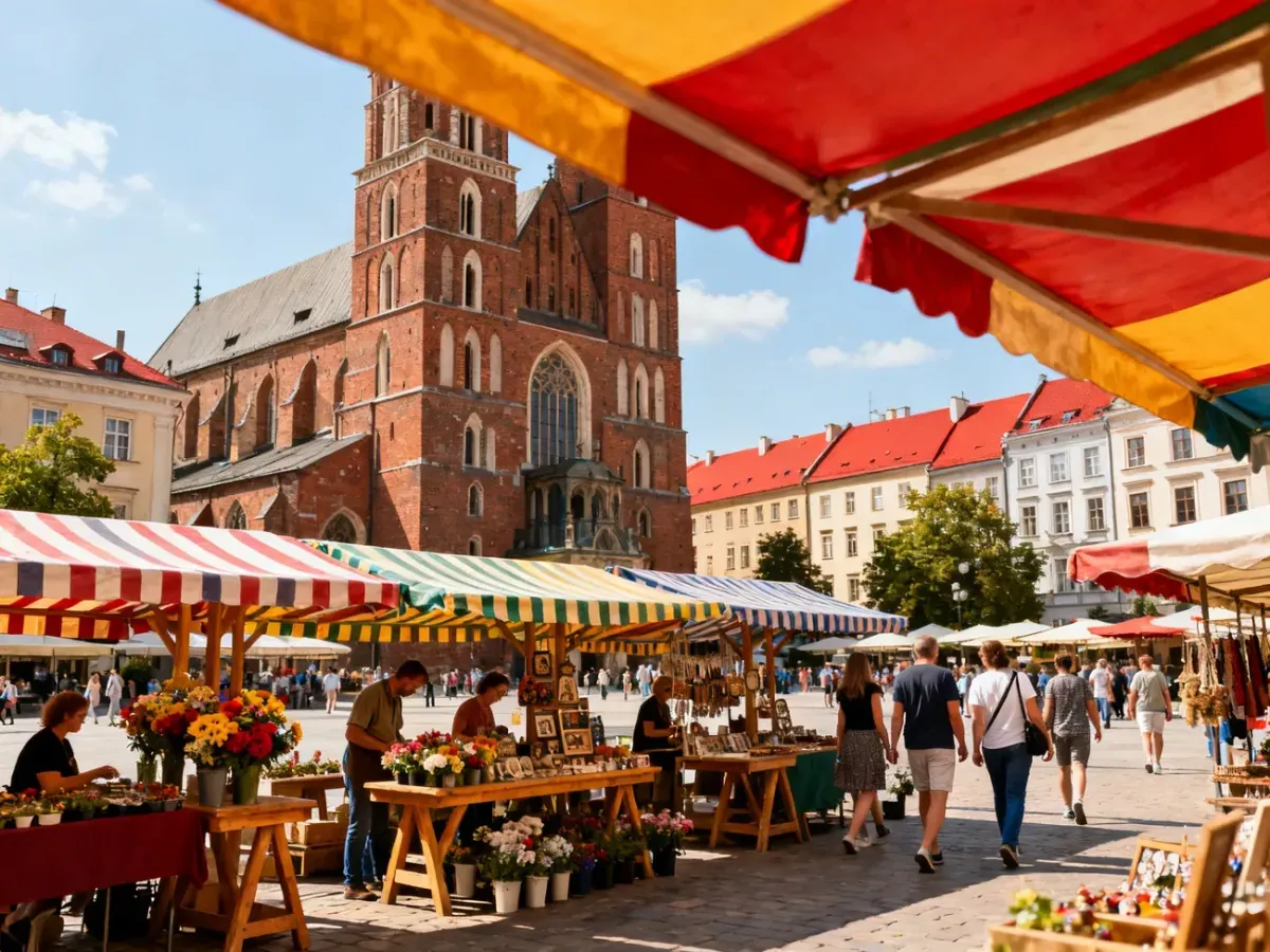 Letnie kramy Dominikańskie w Krakowie na tle gotyckiego kościoła, stragany z kwiatami i rękodziełem, spacerujący ludzie