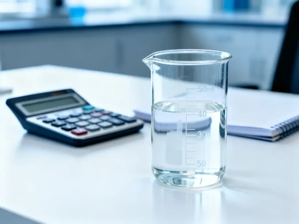 Szklany cylinder miarowy z 50 ml przezroczystego płynu na laboratoryjnym stole, ilustrujący przelicznik objętości.