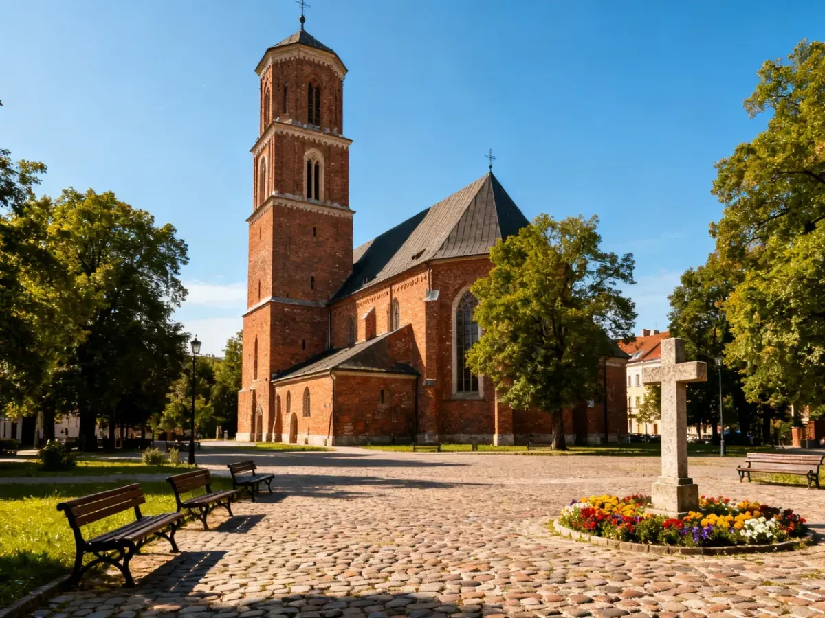 Zaciszny, słoneczny plac z kamiennym krzyżem przed zabytkowym kościołem w Krakowie, otoczonym zielenią.