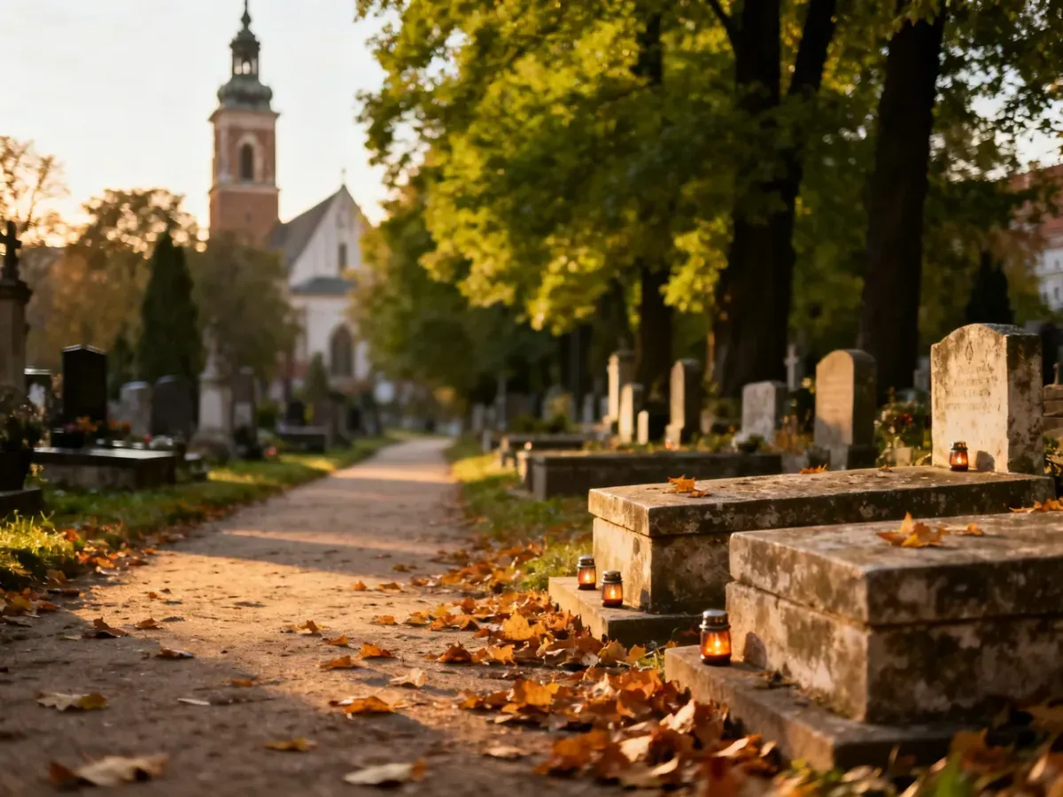 Zaciszna alejka Tynieckiego cmentarza w złotej godzinie, stare nagrobki, znicze i wieża kościoła w tle, jesienne liście na ziemi.