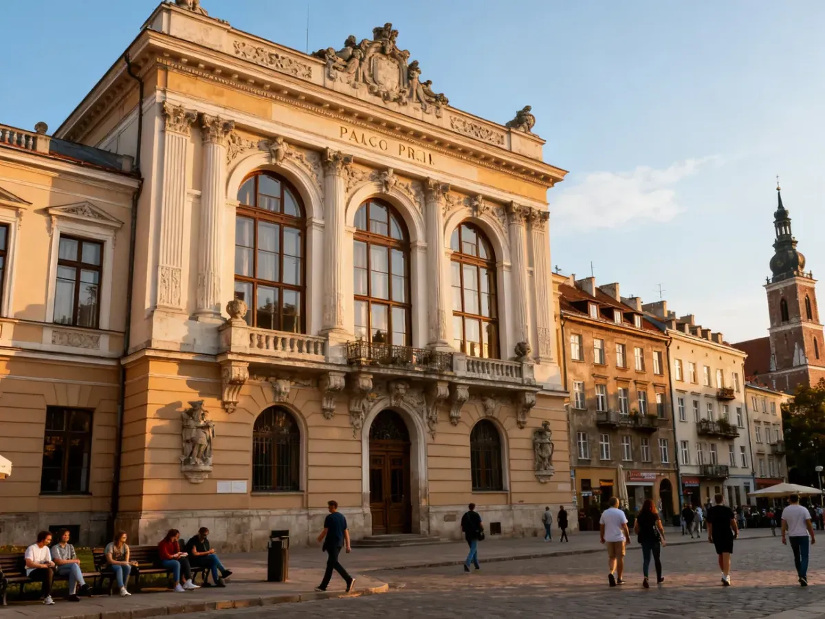 Pałac Prasy przy krakowskiej ulicy w popołudniowym słońcu, z przechodniami na tle kamienic i wieży kościoła